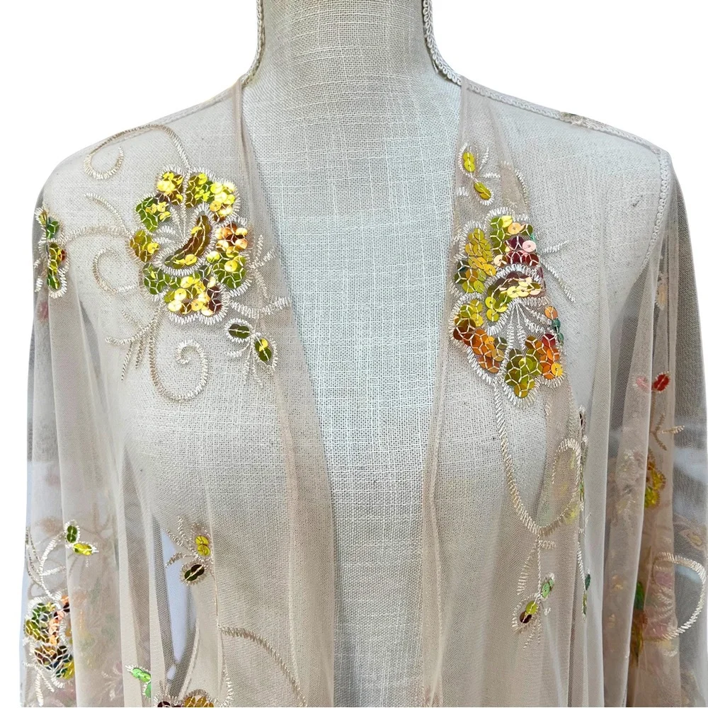 NWT Antthony Sheer Kimono with Multicolor Embroidery and Sequins - Picture 2 of 9